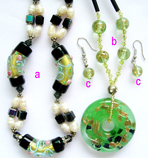 fashion jewelry sets made of glass pearl beads, lampwork beads, glass crystal beads, murano glass pendant